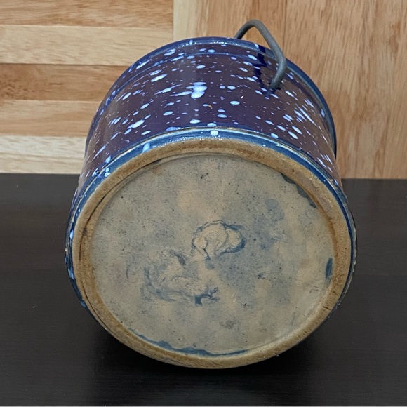 Vintage Stoneware Crock Speckled Cobalt Blue Butter Cheese Crock Jar Wired Lid - Picture 11 of 16